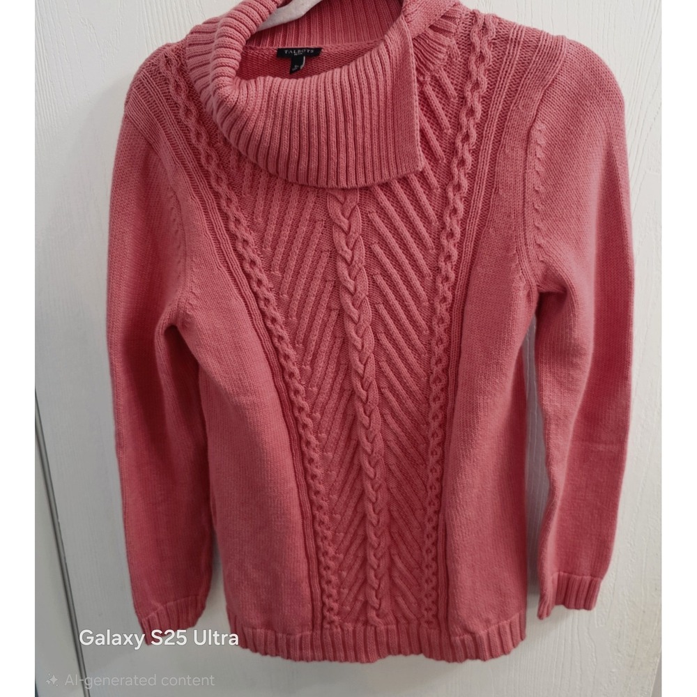 Talbots Sweater Cable Knit Turtleneck 100% Cotton Salmon size SP Preppie